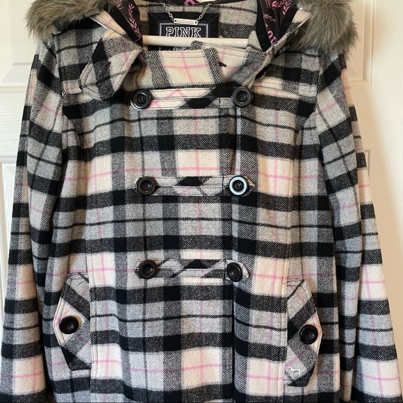 Victoria’s Secret PINK Limited Edition Plaid Pink Grey Fur Winter Coat Size L - Picture 6 of 16